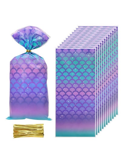 Buy Mermaid Party Favor Bags 50Pcs Plastic Flat Cello Cellophane Candy Goodie Treat Bakery Bags With 50Pcs Twist Ties For Wedding Birthday Gift Wrapping (Blue&Purple) in UAE