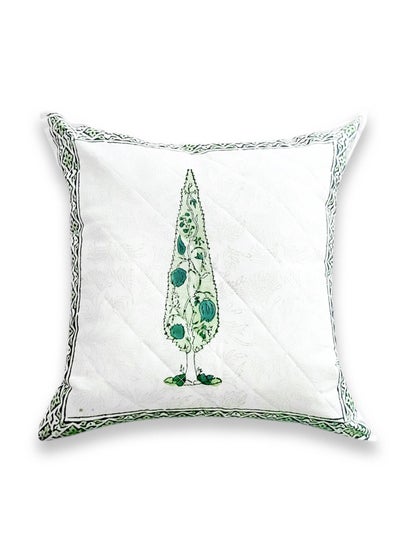 Buy White And Green Non-Allergenic Quilted Premium Organic Cotton Hand Block Printed Cushion Cover 40 Cm X 40 Cm in UAE