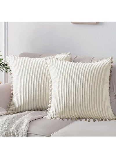 Buy of 2 Boho Decorative Throw Pillow Covers with Pom-poms, Soft Corduroy Accent Solid Square Cushion Case Set for Couch Sofa Bedroom Car Living Room in UAE