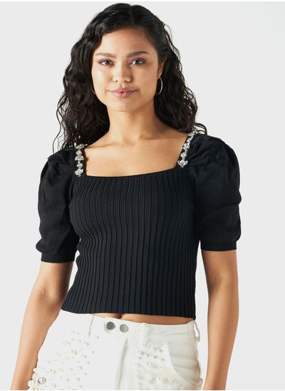 اشتري Embellished Ribbed Square Neck Crop Top في الامارات