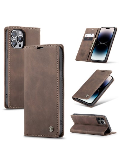 Buy CaseMe iPhone 14 Pro MAX Wallet Case Book Folding Flip Folio Case with Magnetic Kickstand Card Slots Protective Cover - Coffee in Egypt