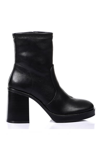 Buy Stitching Detail Classy Leather Plain Black Mid Calf Heeled Boots in Egypt