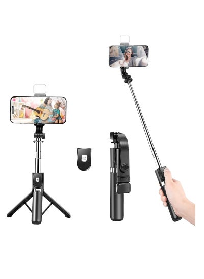 Buy Foldable Tripod Monopod Selfie Stick Blue tooth With Wireless Button Shutter Selfie Stick With LED For iOS Android in UAE