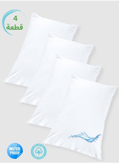 Buy Pillow Protector Set of 4, Premium Quality Waterproof 100% Soft Cotton Queen Size Pillows Case Cover 75 x 50cm in Saudi Arabia