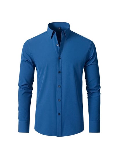 اشتري Stretch Non-Iron Anti-Wrinkle Shirt, Men Long Sleeve Button Wrinkle Free Slim Fit Business Shirt Peacock Blue في السعودية