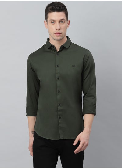 Buy Slim Fit Green Casual Spread Shirt - 100% Cotton in Saudi Arabia