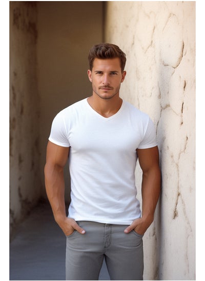 Buy White Basic Slim Fit 100% Cotton V Neck Short Sleeve T-Shirt TMNSS19BO0002 in Egypt