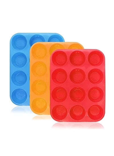 Buy 12-Cup Silicone Muffin & Cupcake Baking Pan,  3 Pack Moulds for Tins, Cakes Microwave Oven Safe (Orange, Red, Blue) in UAE