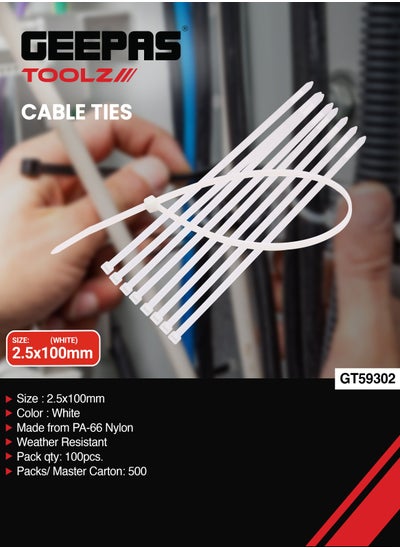 اشتري Geepas Cable Ties GT59302, 2.5X100 MM, Pack Of 100 Pieces, Ideal For Organizing and Securing Cables and Wires, Made from PA66 Nylon, White في الامارات