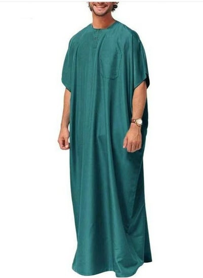 اشتري Men's Muslim Solid Color Loose Robe Thobe Short Sleeve Side Split Kaftan Bluish-Green في الامارات