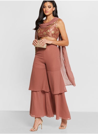 Buy Dusty Pink Layered Sharara Pants in UAE