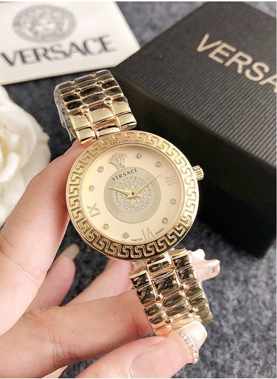 اشتري Versace Women's Cubic Zirconia Classic Fashion Versatile Round Quartz Watch with Gold Stainless Steel Strap and Gold dial 33mm Gift في الامارات