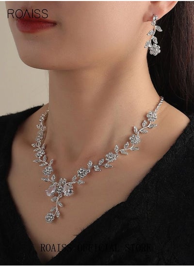 Buy 3 Pcs Rhinestone Necklace Earrings Set Rose Flower Zircon Pendant Drop Dangle Bridal Evening Dress Accessories for Women Silver/Clear in Saudi Arabia