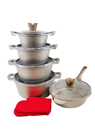 Buy 12-piece Marble Cookware Set Aluminum Pots And Pans With Non-stick Surface Glass Lids PFOA-free Gold 20-24-28-32 Cm (deep Stockpot) + 28 Cm (deep Frying Pan) + Pair Of Gloves in UAE