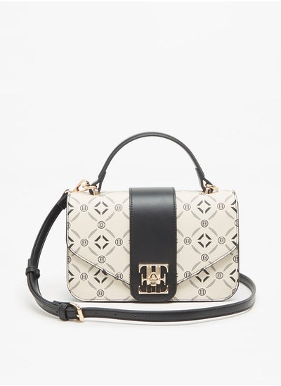 Buy Women's Monogram Print Satchel Bag with Top Handle and Twist Clasp in Saudi Arabia