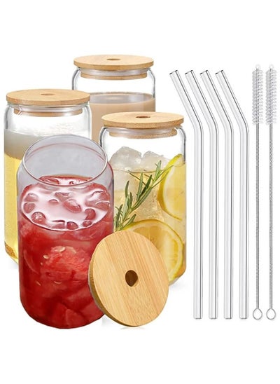 Buy Borosilicate Drinking Glasses Set, Can Shaped Glass Cup with Bamboo Lid Straw and Cleaning Brush Set Of 4 550 ML in UAE