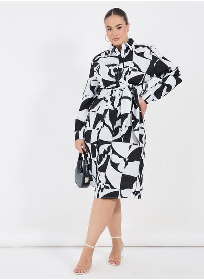 Buy Plus Size All Over Print Shirt Midi Dress in Saudi Arabia