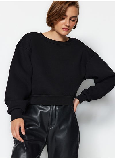 Buy Black Comfort Fit Crop Basic Crew Neck Thick Fleece Knitted Sweatshirt TWOAW24SW00147 in Egypt