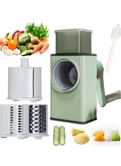 Buy Manual Rotary Cheese Grater Shredder with Wider Hopper 3 Interchangeable Blades Round Mandolin Drum Slicer Julienne Grinder for Cheese, Vegetables, Potatoes and Nuts, Cyan in UAE