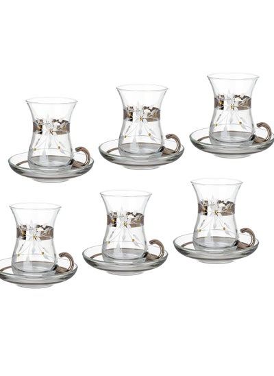 Buy A tea set of 6 tea cups + 6 Turkish crystal tea saucers with distinctive, elegant and modern designs in Saudi Arabia