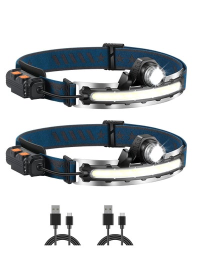 Buy 2 Pcs LED Headlamp Rechargeable COB Camping Headlamp Zoomable Headlight With Motion Sensor Weatherproof 6 Lighting Mood Waterproof Head Lamp Flashlight For Camping Hiking, Running, Cycling in UAE