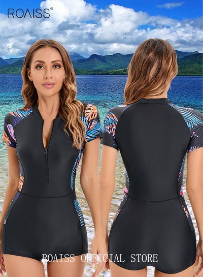 Buy Women One Piece Swimsuit Color Block Surf Clothes Short Sleeve Swimwear Conservative Beachwear Bathing Suit Sports Suits Jumpsuit in Saudi Arabia