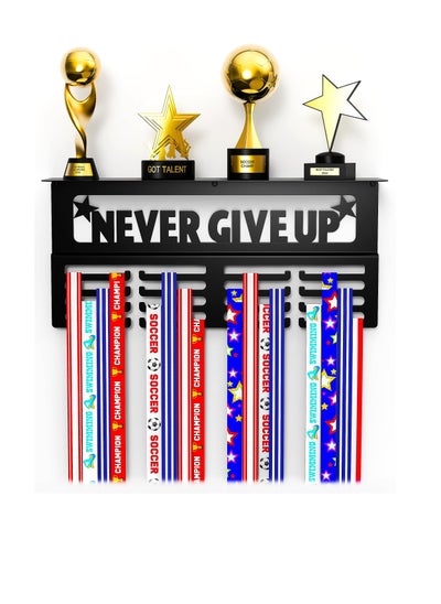 اشتري Medal Hanger Display, Holds 64 + Sports Medals Trophy Shelf, Metal Awards Rack for Walls, Our Never Give Up 16" Trophy and Medal Display Shelf, Black في الامارات