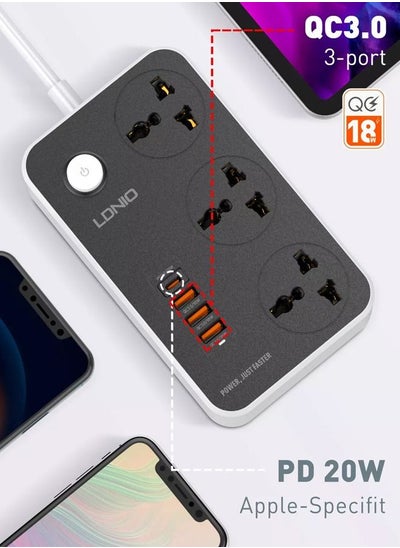 اشتري 3 Power Socket Extension with Type C PD Port and 3 QC3.0 fast charging Port power strip في الامارات