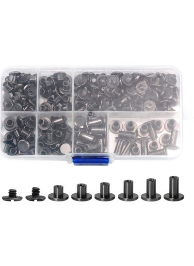 اشتري 90 Sets Screws Assorted Kit, 6 Sizes of Round Flat Head Leather Rivets Metal Screw Studs for DIY Leather Craft and Bookbinding (M5 X 4, 5, 6, 8, 10, 12) (Black) في السعودية