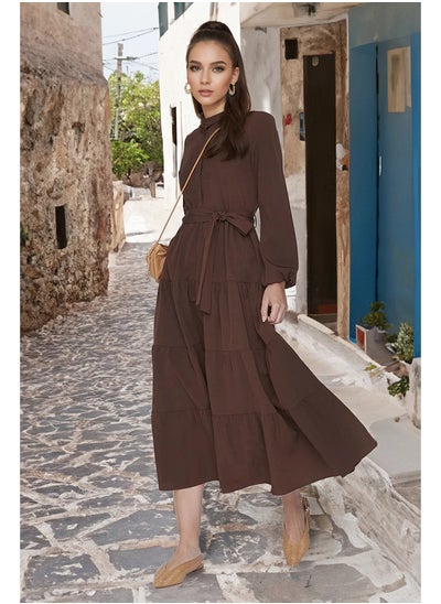 Buy Dark Brown Belted Large Collar Button Detailed Woven Dress TCTSS21EL3343 in Egypt