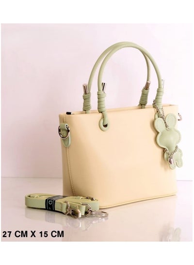 Buy Elegant Casual High Quality Leather handbag Creamy Beige and green Handbag with Cute Key chain Accent with Adjustable shoulder Strap in Egypt