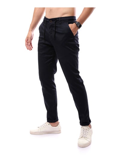 Buy Solid Fly Zipper Buttoned Trousers_Navy Blue in Egypt