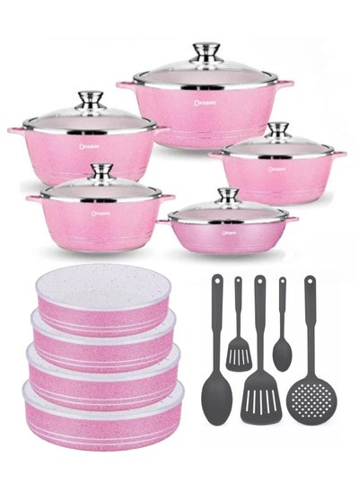 اشتري 19 Pieces Granite Cookware Combo Set Includes 4 pieces Round Oven Dish 1x26cm 1x28cm 1x30cm 1x 32cm 10 pcs Casserole Pot Set and Spatula Sets Pink في الامارات