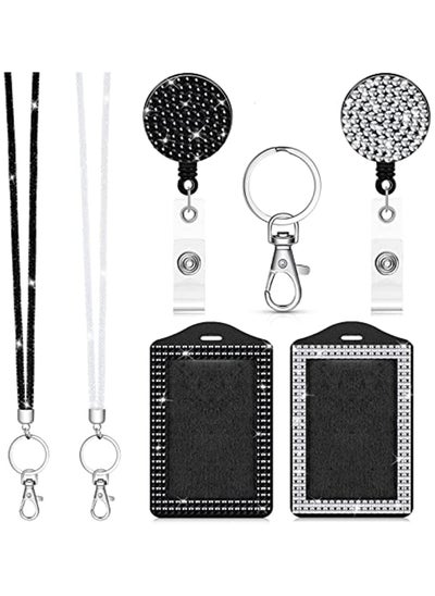 اشتري 2 Set Rhinestone Bling Lanyard with ID Badge Holder Lanyard for ID Badge Diamond Crystal ID Card Holder Retractable Sparkly Lanyard with Metal Clasp Key Ring for Women (Black, White) في الامارات