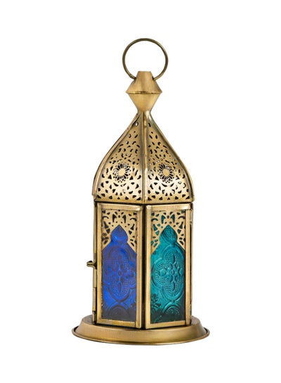 Buy HilalFul Brass Antique Blue Turquoise Decorative Candle Holder Lantern - Short | For Home Decor in Eid, Ramadan, Wedding | Living Room, Bedroom, Indoor, Outdoor Decoration | Islamic Themed | Moroccan in UAE