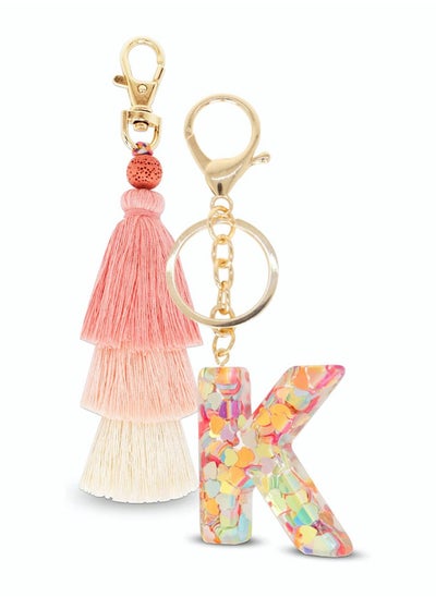 Buy Tassel Key Ring and Letter Keychain, 2pcs Boho Key Ring Bag Pendant Hand-woven Retro Volcanic Stone Keychain Pendant for Purse Handbags Women Girl, Alphabet Heart Sequin Keychain (Random Color) in UAE