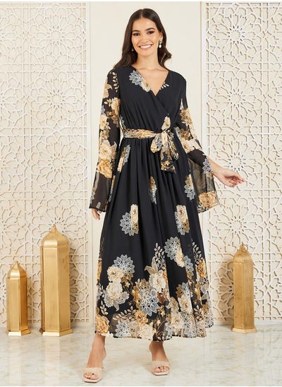 Buy Floral Print Self Tie Up A-Line Wrap Maxi Dress in Saudi Arabia