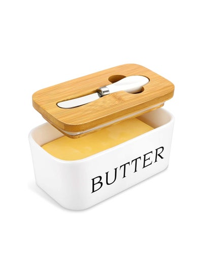 Buy Ceramic Butter Dish with Wooden Lid and Knife, 650ML Ceramics Butter Keeper Container, Butter Box for Butter, Nuts, Cheese, White in UAE