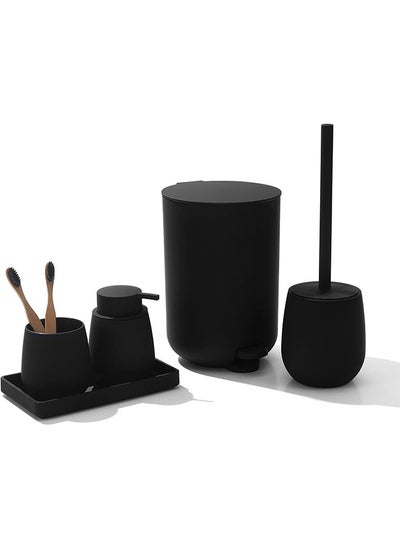 Buy Bathroom Accessory Set,3 Liter Mini Wastebasket/Toothbrush Holder/Tray/Toilet Brush/Dispenser Bottle(Black 5-Piece Set) in Saudi Arabia