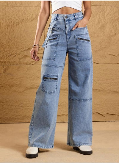 Buy High Rise Front Zipper Pocket Straight Fit Jeans in Saudi Arabia