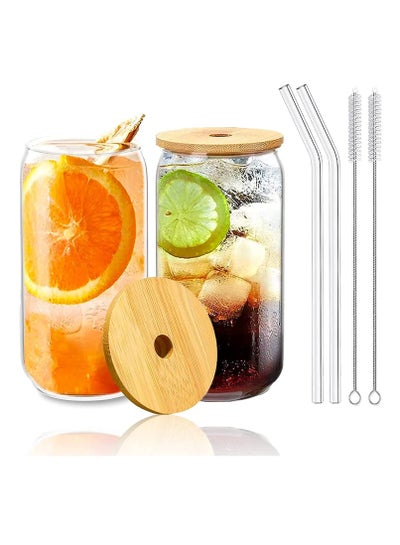 Buy Drinking Glasses Can Shaped with Bamboo Lids and Glass Straw 2pcs Set - 16oz 600ml Coffee, Soda Glass, Beer Glasses, Iced Coffee Glasses, Cute Tumbler Cup, Heat-Resistant Drink Glass in UAE