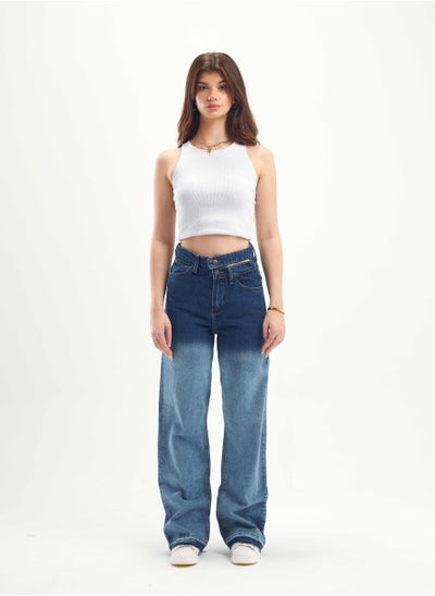 Buy High-Waist Dark Wash Degrade Double Waisted Straight Wide Leg Jeans. in Saudi Arabia