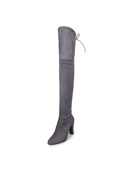 Buy Autumn Winter Over-Knee High Heel Round Toe BootsGrey Grey in UAE