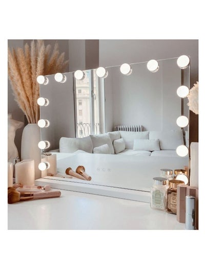 Buy Makeup Mirror with Lights, Hollywood Lighted Mirror with 15 Dimmable LED Bulbs,3 Colors Modes,Touch Control,USB Charging Port,Metal Frame,White in UAE