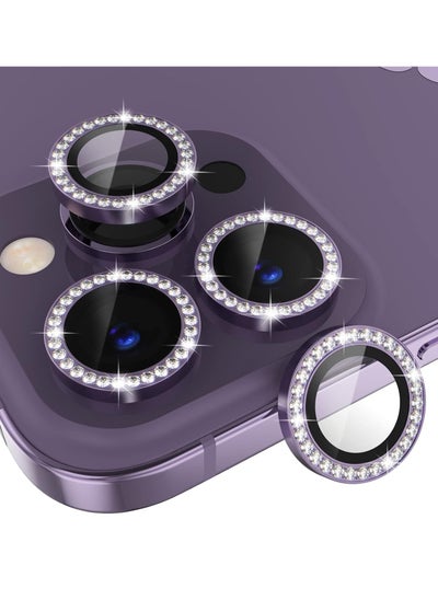 Buy for iPhone 14 Pro/iPhone 14 Pro Max Camera Lens Protector Bling, 9H Tempered Glass Camera Cover Screen Protector Metal Ring Decoration Accessories (Bling-Purple) in UAE