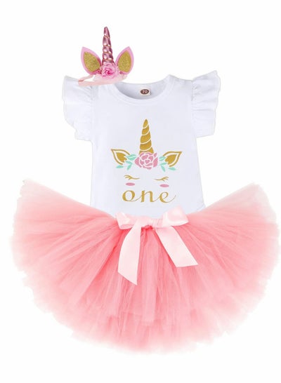 اشتري Baby Girl Birthday Unicorn Outfit Toddler My 1st Romper Tutu Skirt with Headband Clothes Set Pink في الامارات