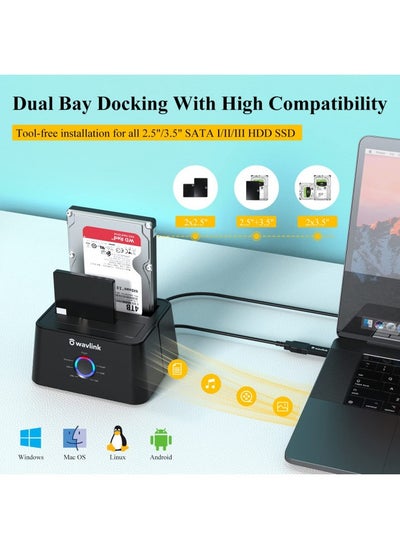 اشتري Wavlink Usb 3.0 And Usb C To Sata Dual-Bay External Hard Drive Docking Station For 2.5/3.5 Inch Hdd/Ssd With Uasp (6Gbps), Support Offline Clone/Duplicator Function [16Tb X2 ]-Black في الامارات