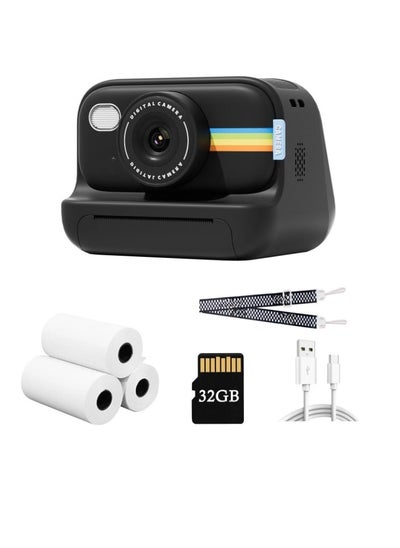 Buy Instant Print Camera, 1080P HD Digital Video Camera, Lightweight And Durable Kids Portable Camera. High Capacity Digital Camera With Print Paper 32GB Card And Lanyard, (Black) in UAE