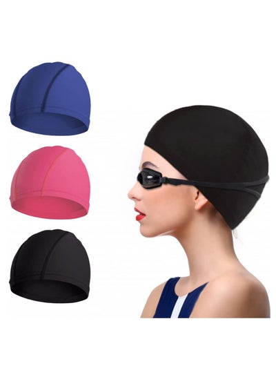 Buy 3 Pieces Swimming Caps Comfortable Fabric Swimming Hat Premium Quality Stretchable Unisex Polyester Cloth Swimming Cap Lightweight Bathing Caps for Water Sports 3 Colors in Saudi Arabia