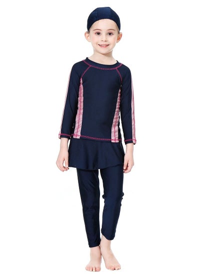 اشتري Girls 3-Piece Swimwear Set Conservative Style Long Sleeve Burkinis Swimsuit With Hijab Navy Black/Pink في السعودية